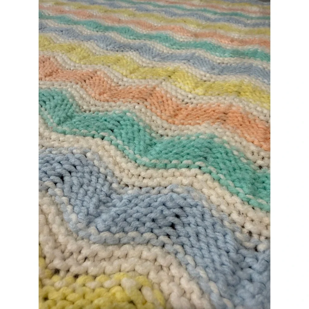 Handmade Pastel Chevron Knit Baby Blanket Blue‎ Yellow 37 x 37 Afghan VTG ZigZag